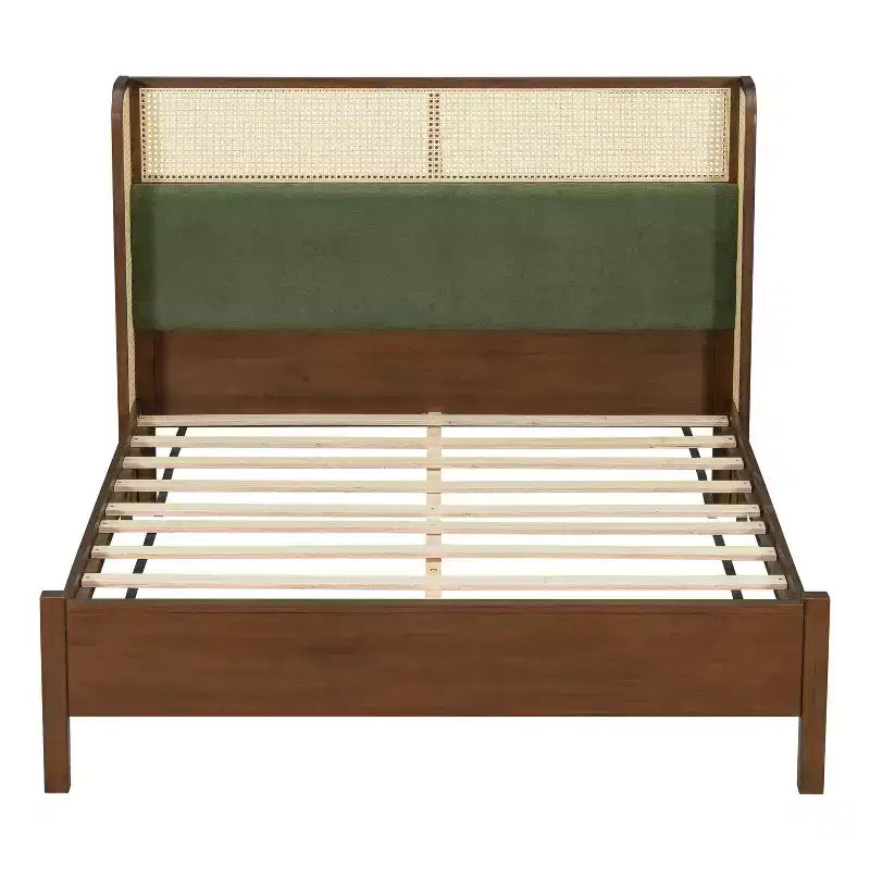 Cadre de lit plateforme Queen/King avec tête de lit capitonnée à oreilles et cadre en bois robuste, bohème - ModernLuxe
