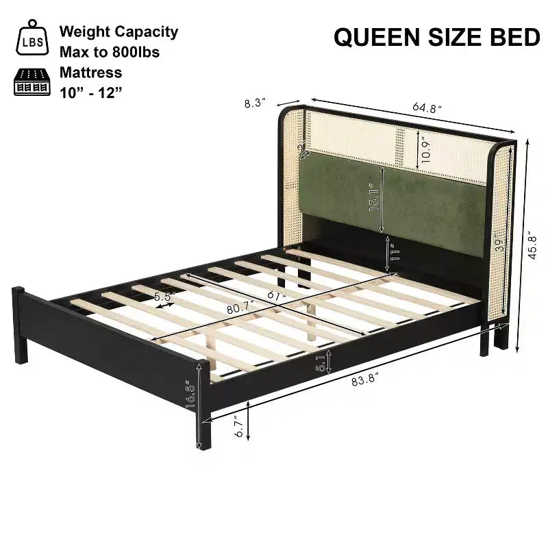 Cadre de lit plateforme Queen/King avec tête de lit capitonnée à oreilles et cadre en bois robuste, bohème - ModernLuxe