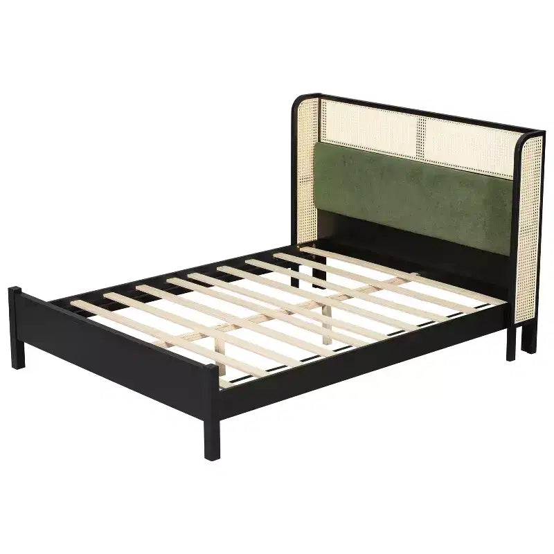 Cadre de lit plateforme Queen/King avec tête de lit capitonnée à oreilles et cadre en bois robuste, bohème - ModernLuxe