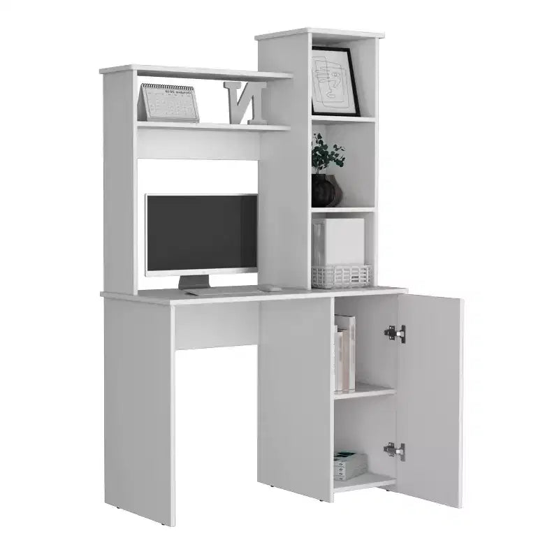 TUYOHW Bureau d'ordinateur, bureau d'étude avec huche, armoire à porte unique, étagères de rangement à 3 niveaux, grand plateau, bureau d'écriture moderne pour chambre à coucher, bureau