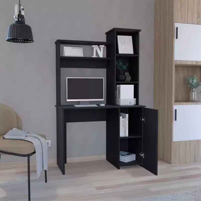 TUYOHW Bureau d'ordinateur, bureau d'étude avec huche, armoire à porte unique, étagères de rangement à 3 niveaux, grand plateau, bureau d'écriture moderne pour chambre à coucher, bureau