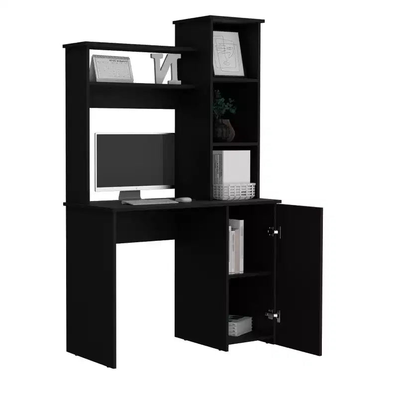 TUYOHW Bureau d'ordinateur, bureau d'étude avec huche, armoire à porte unique, étagères de rangement à 3 niveaux, grand plateau, bureau d'écriture moderne pour chambre à coucher, bureau