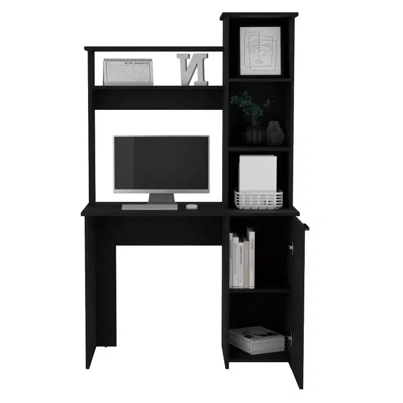 TUYOHW Bureau d'ordinateur, bureau d'étude avec huche, armoire à porte unique, étagères de rangement à 3 niveaux, grand plateau, bureau d'écriture moderne pour chambre à coucher, bureau
