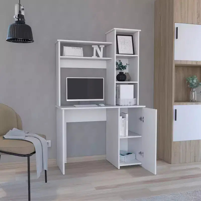 TUYOHW Bureau d'ordinateur, bureau d'étude avec huche, armoire à porte unique, étagères de rangement à 3 niveaux, grand plateau, bureau d'écriture moderne pour chambre à coucher, bureau