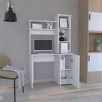 TUYOHW Bureau d'ordinateur, bureau d'étude avec huche, armoire à porte unique, étagères de rangement à 3 niveaux, grand plateau, bureau d'écriture moderne pour chambre à coucher, bureau