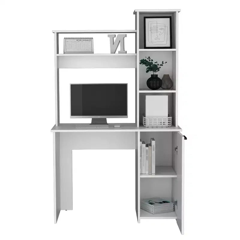TUYOHW Bureau d'ordinateur, bureau d'étude avec huche, armoire à porte unique, étagères de rangement à 3 niveaux, grand plateau, bureau d'écriture moderne pour chambre à coucher, bureau