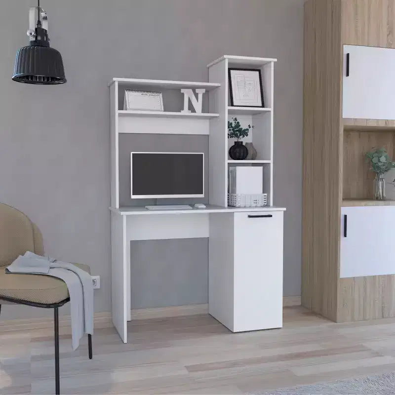 TUYOHW Bureau d'ordinateur, bureau d'étude avec huche, armoire à porte unique, étagères de rangement à 3 niveaux, grand plateau, bureau d'écriture moderne pour chambre à coucher, bureau