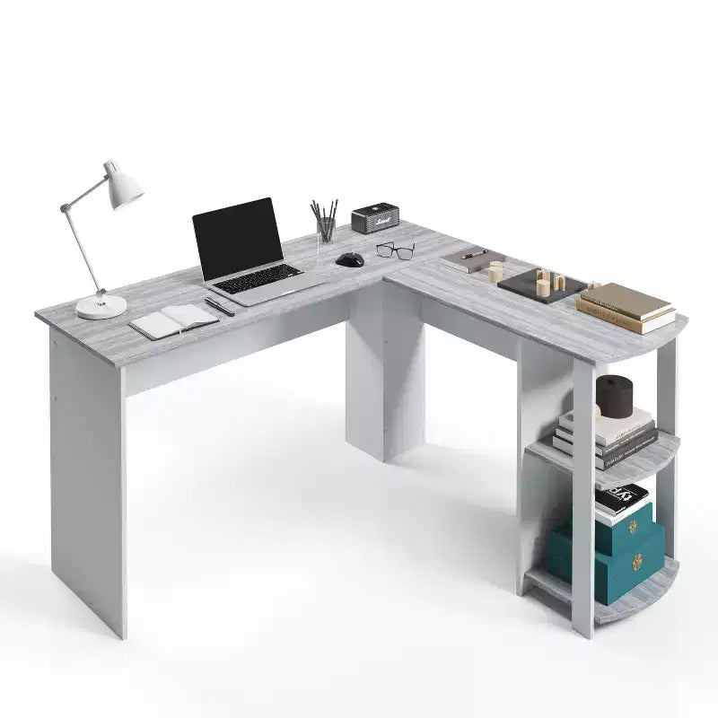 TUYOHW Bureau d'angle moderne en L, bureau de travail avec deux étagères latérales, panneaux en bois stratifiés, bureau d'ordinateur en bois pour bureau, étude, chambre à coucher, gris