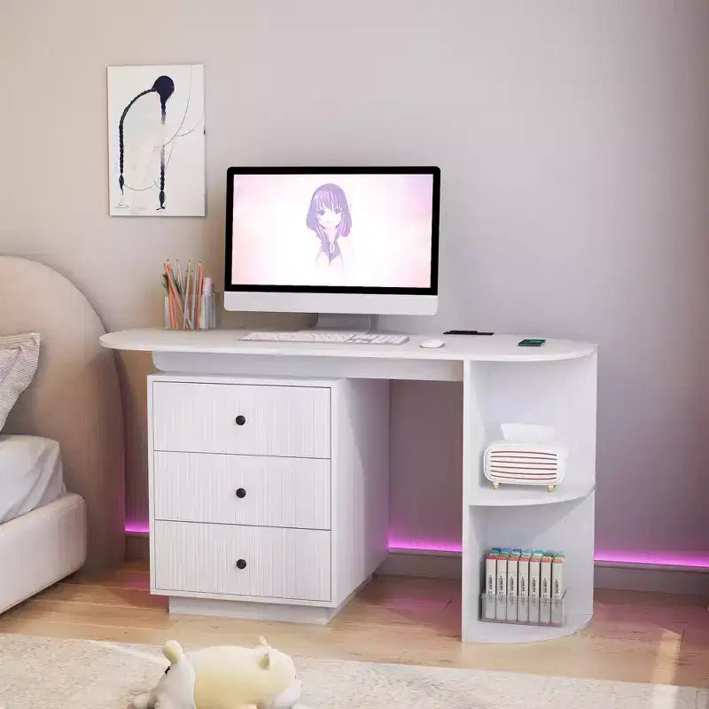 TUYOHW Bureau d'angle moderne extensible, bureau d'ordinateur avec 3 tiroirs, 4 étagères, prises de courant, ports USB, largeur réglable pour bureau