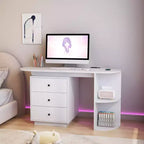 TUYOHW Bureau d'angle moderne extensible, bureau d'ordinateur avec 3 tiroirs, 4 étagères, prises de courant, ports USB, largeur réglable pour bureau
