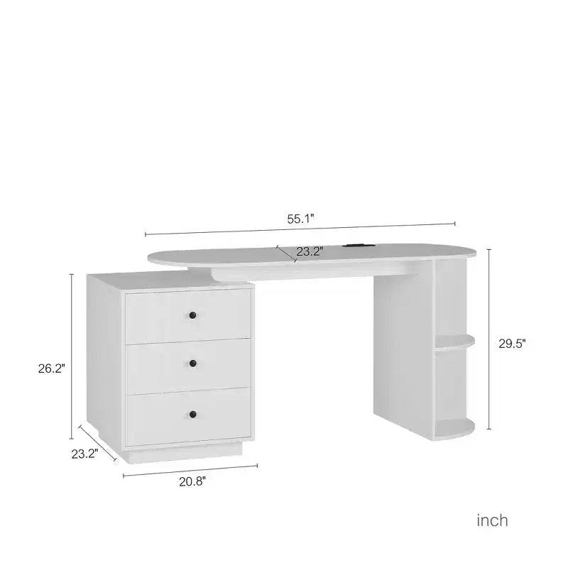 TUYOHW Bureau d'angle moderne extensible, bureau d'ordinateur avec 3 tiroirs, 4 étagères, prises de courant, ports USB, largeur réglable pour bureau
