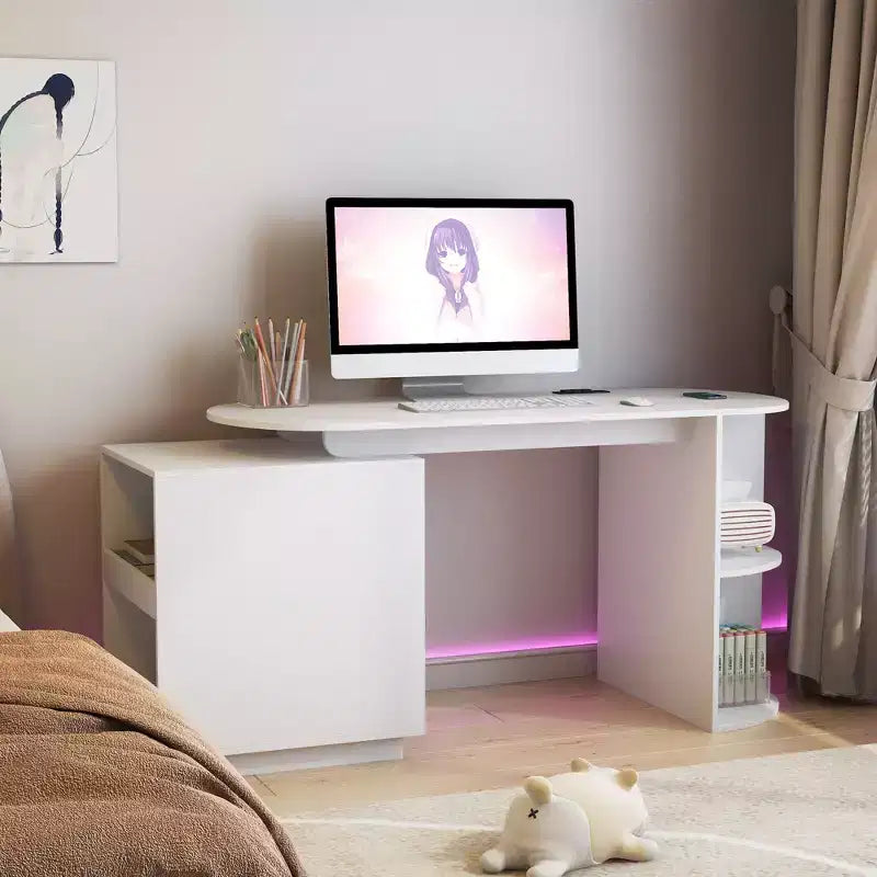 TUYOHW Bureau d'angle moderne extensible, bureau d'ordinateur avec 3 tiroirs, 4 étagères, prises de courant, ports USB, largeur réglable pour bureau