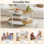Costway Table basse ronde à 2 niveaux avec étagère de rangement et cadre en métal pour salon/appartement, blanc et marron