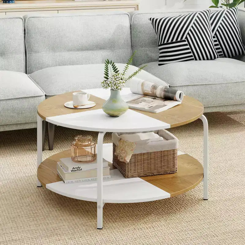 Costway Table basse ronde à 2 niveaux avec étagère de rangement et cadre en métal pour salon/appartement, blanc et marron