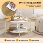 Costway Table basse ronde à 2 niveaux avec étagère de rangement et cadre en métal pour salon/appartement, blanc et marron