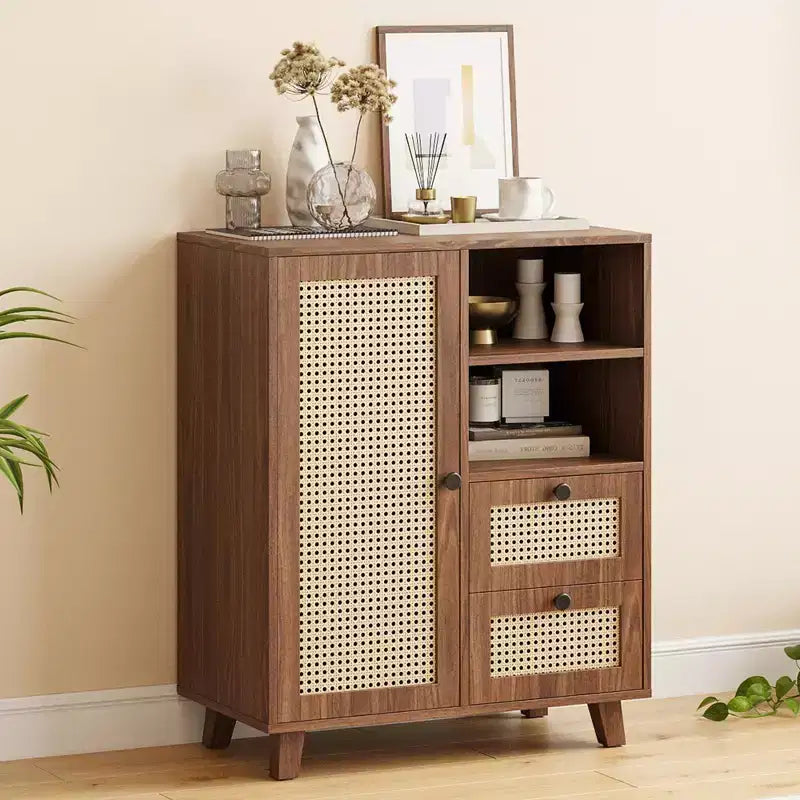 JVNOXK 15-inch Rattan-Woven Panel Door Side Cabinet with Adjustable Shelves and Drawer Slides, Suitable for Living Rooms, Walnut