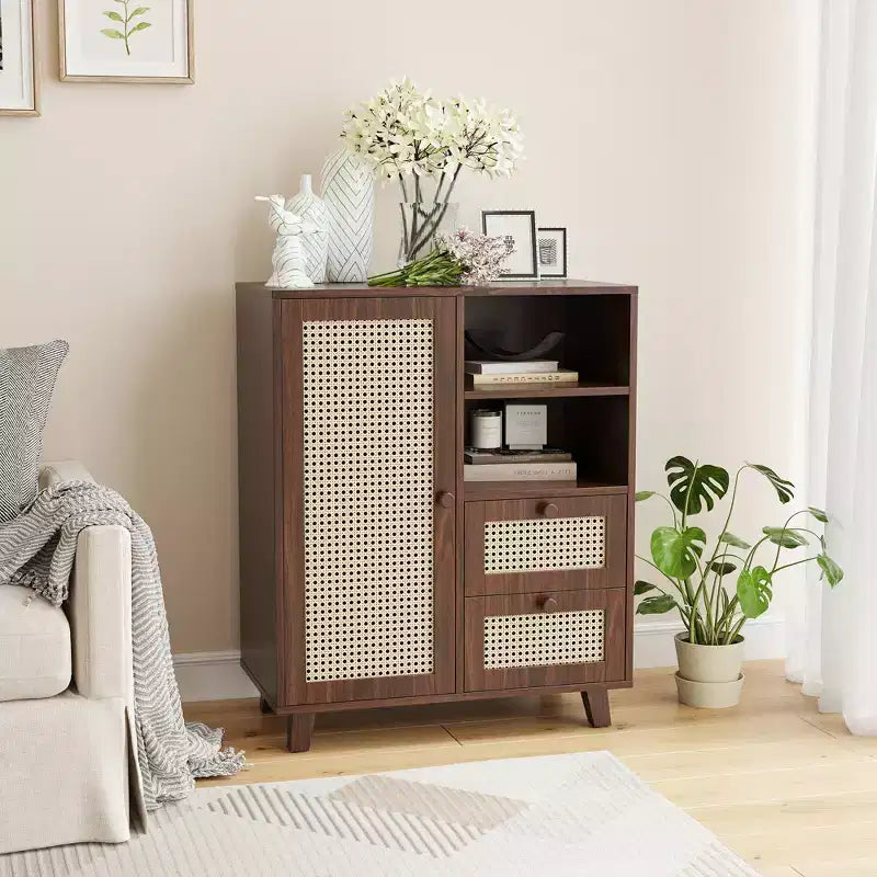 JVNOXK Armoire d'appoint avec porte en rotin tressé de 15 pouces, étagères réglables et glissières de tiroir, convient aux salons, Noyer