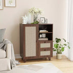 JVNOXK Armoire d'appoint avec porte en rotin tressé de 15 pouces, étagères réglables et glissières de tiroir, convient aux salons, Noyer