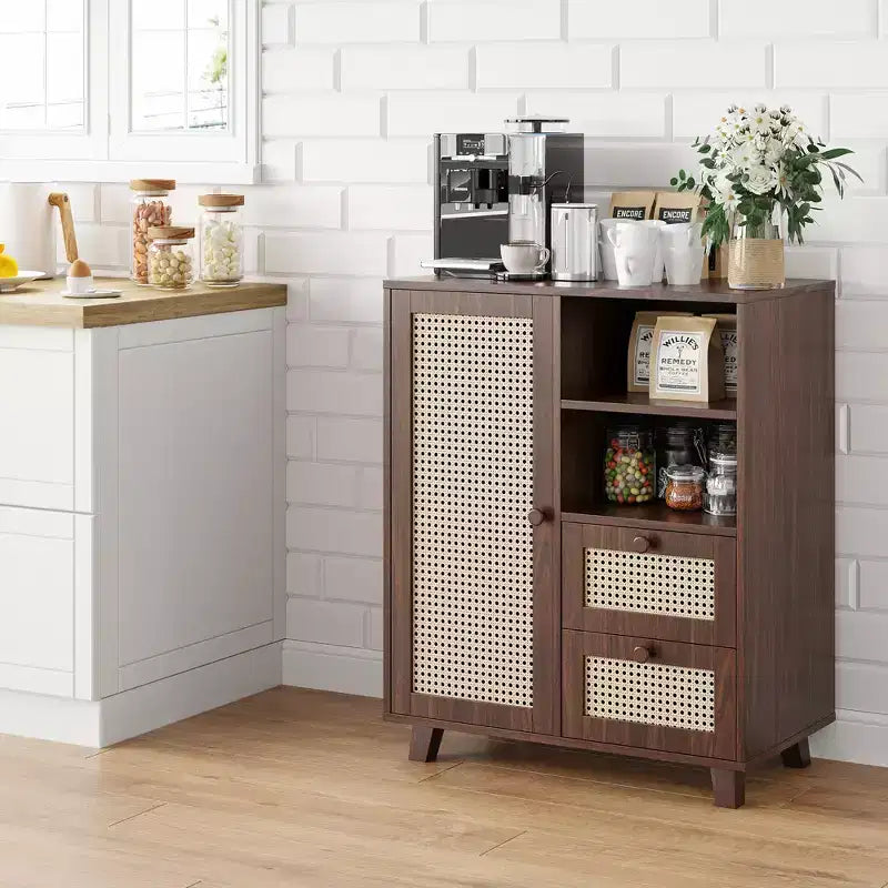 JVNOXK Armoire d'appoint avec porte en rotin tressé de 15 pouces, étagères réglables et glissières de tiroir, convient aux salons, Noyer