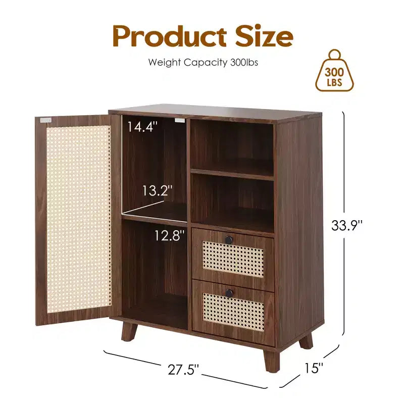 JVNOXK Armoire d'appoint avec porte en rotin tressé de 15 pouces, étagères réglables et glissières de tiroir, convient aux salons, Noyer