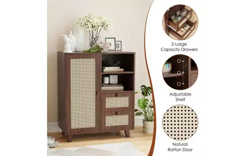 JVNOXK Armoire d'appoint avec porte en rotin tressé de 15 pouces, étagères réglables et glissières de tiroir, convient aux salons, Noyer