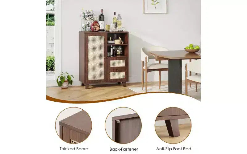 JVNOXK Armoire d'appoint avec porte en rotin tressé de 15 pouces, étagères réglables et glissières de tiroir, convient aux salons, Noyer