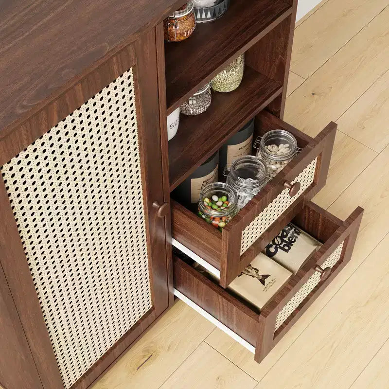 JVNOXK Armoire d'appoint avec porte en rotin tressé de 15 pouces, étagères réglables et glissières de tiroir, convient aux salons, Noyer