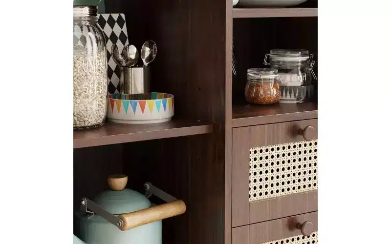 JVNOXK Armoire d'appoint avec porte en rotin tressé de 15 pouces, étagères réglables et glissières de tiroir, convient aux salons, Noyer