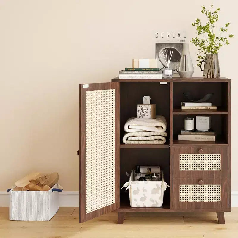 JVNOXK Armoire d'appoint avec porte en rotin tressé de 15 pouces, étagères réglables et glissières de tiroir, convient aux salons, Noyer
