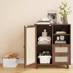 JVNOXK Armoire d'appoint avec porte en rotin tressé de 15 pouces, étagères réglables et glissières de tiroir, convient aux salons, Noyer