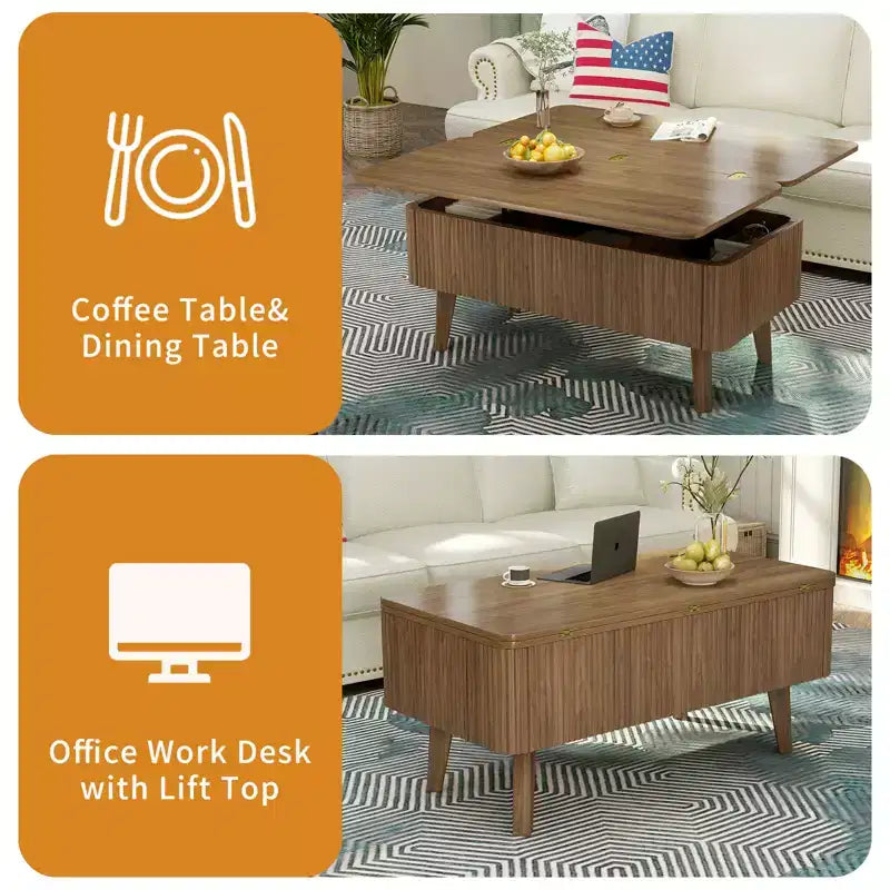Table basse rectangulaire moderne 3 en 1 en bois cannelé GDFStudio Yuchen avec plateau relevable et rangement dissimulé