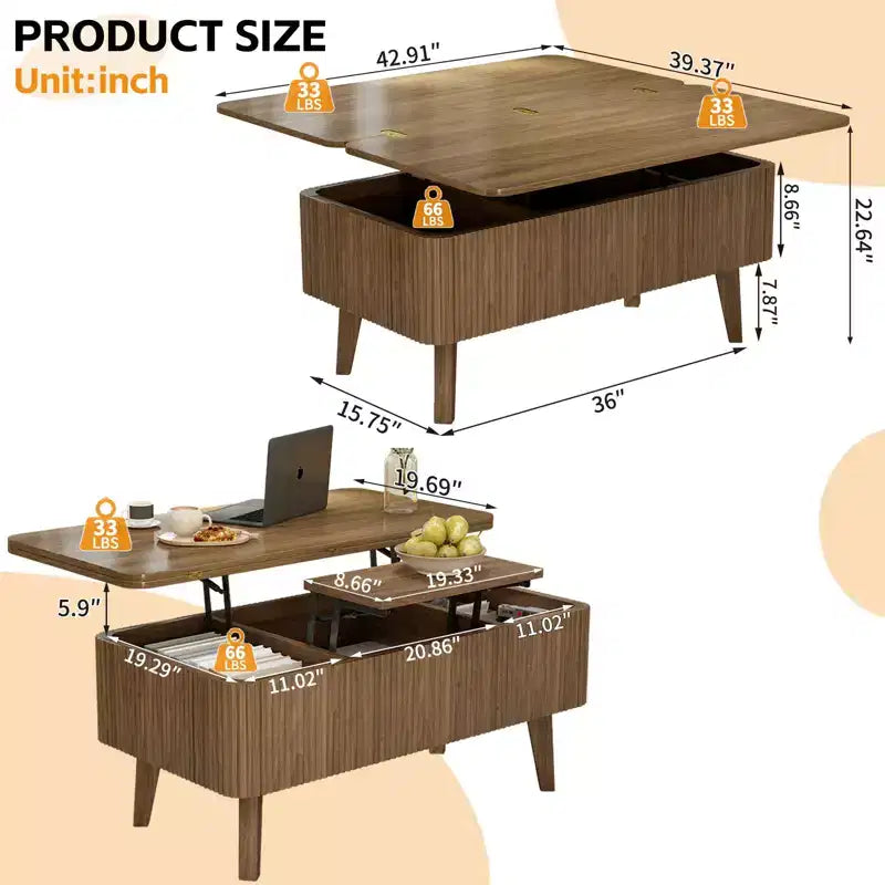Table basse rectangulaire moderne 3 en 1 en bois cannelé GDFStudio Yuchen avec plateau relevable et rangement dissimulé