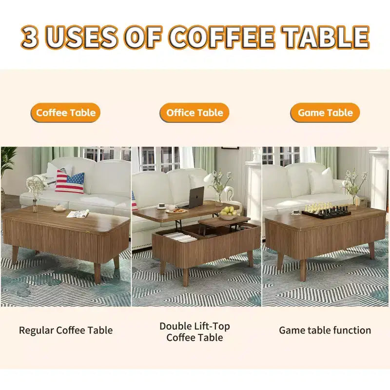 Table basse rectangulaire moderne 3 en 1 en bois cannelé GDFStudio Yuchen avec plateau relevable et rangement dissimulé