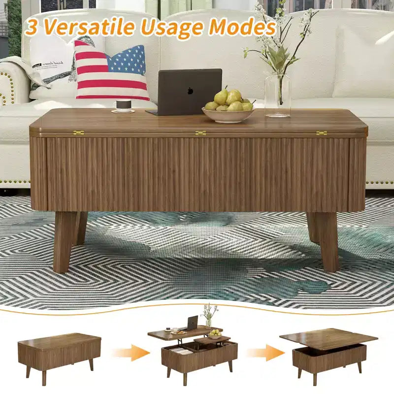 Table basse rectangulaire moderne 3 en 1 en bois cannelé GDFStudio Yuchen avec plateau relevable et rangement dissimulé