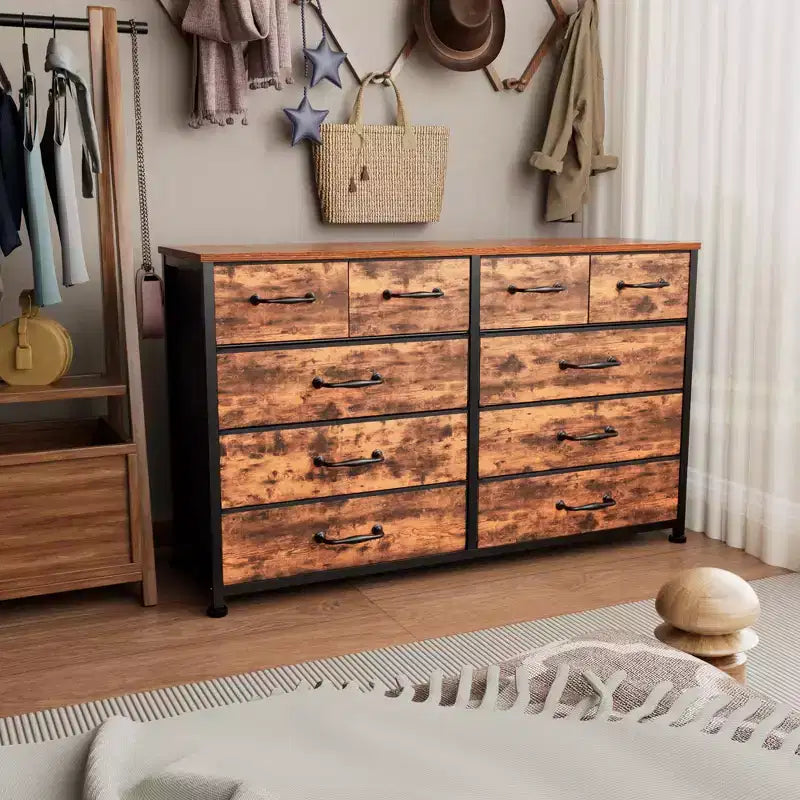 Commode large et rustique marron avec 10 tiroirs en tissu, grande unité de rangement, meuble de chambre à coucher, meuble TV d'entrée de 50 pouces