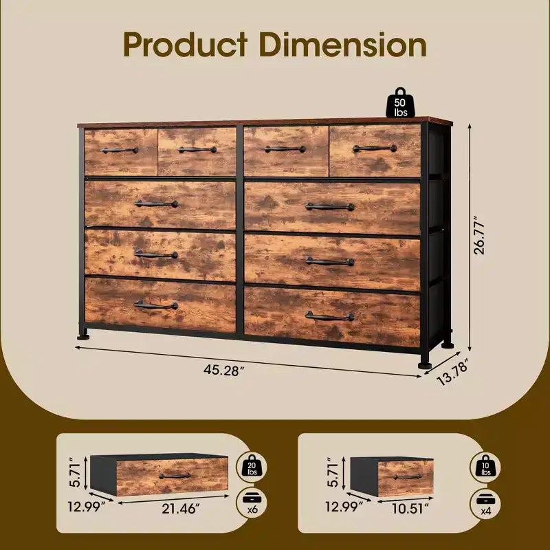Commode large et rustique marron avec 10 tiroirs en tissu, grande unité de rangement, meuble de chambre à coucher, meuble TV d'entrée de 50 pouces