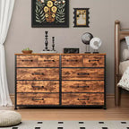 Commode large et rustique marron avec 10 tiroirs en tissu, grande unité de rangement, meuble de chambre à coucher, meuble TV d'entrée de 50 pouces