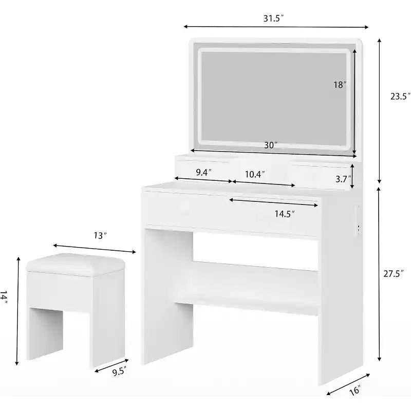 BALHAM TRADE-Coiffeuse avec miroir LED 3 modes d'éclairage Prise de courant 4 tiroirs Rangement caché Chaise