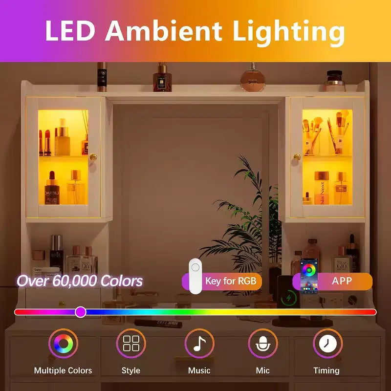 BALHAM TRADE – Coiffeuse avec miroir et ensemble avec armoires et tiroirs RGB 3 modes d'éclairage LED