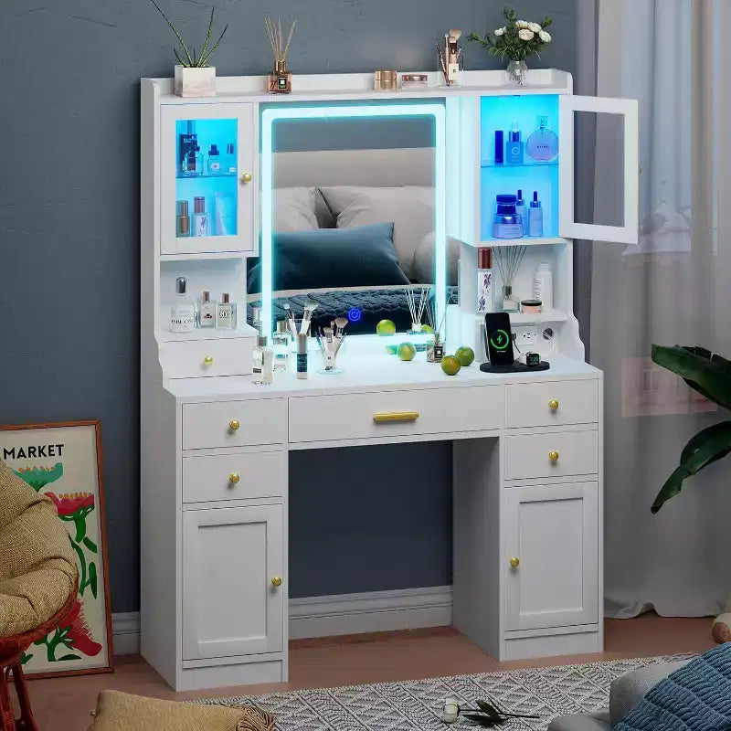 BALHAM TRADE – Coiffeuse avec miroir et ensemble avec armoires et tiroirs RGB 3 modes d'éclairage LED