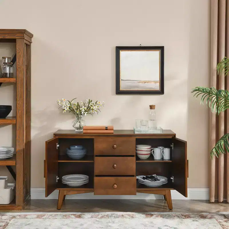 JVNOXK Buffet de style moderne du milieu du siècle de 120 cm avec rangement, comprenant 2 portes et 3 tiroirs, idéal pour la salle à manger, finition noyer