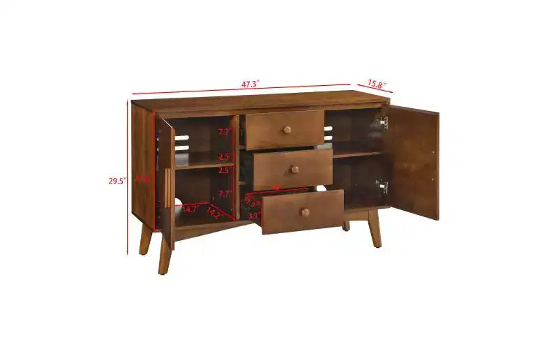 JVNOXK Buffet de style moderne du milieu du siècle de 120 cm avec rangement, comprenant 2 portes et 3 tiroirs, idéal pour la salle à manger, finition noyer