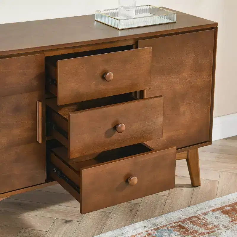 JVNOXK Buffet de style moderne du milieu du siècle de 120 cm avec rangement, comprenant 2 portes et 3 tiroirs, idéal pour la salle à manger, finition noyer