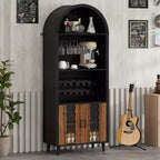 Bar Cabinet 71, Farmhouse Arched Display, Black Arched Cabinet & Coffee Bar, Whiskey Stand with Wine & Glass Rack for Living/Dining Room