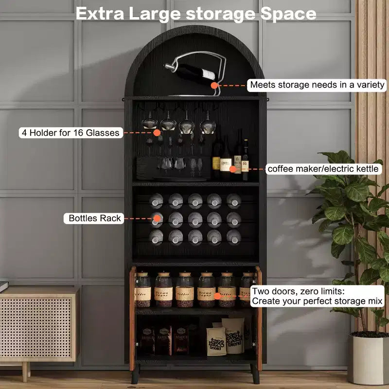 Meuble de Bar 71, Vitrine Arc de Ferme, Meuble Arc Noir et Bar à Café, Support à Whisky avec Porte-Bouteilles et Porte-Verres pour Salon/Salle à Manger