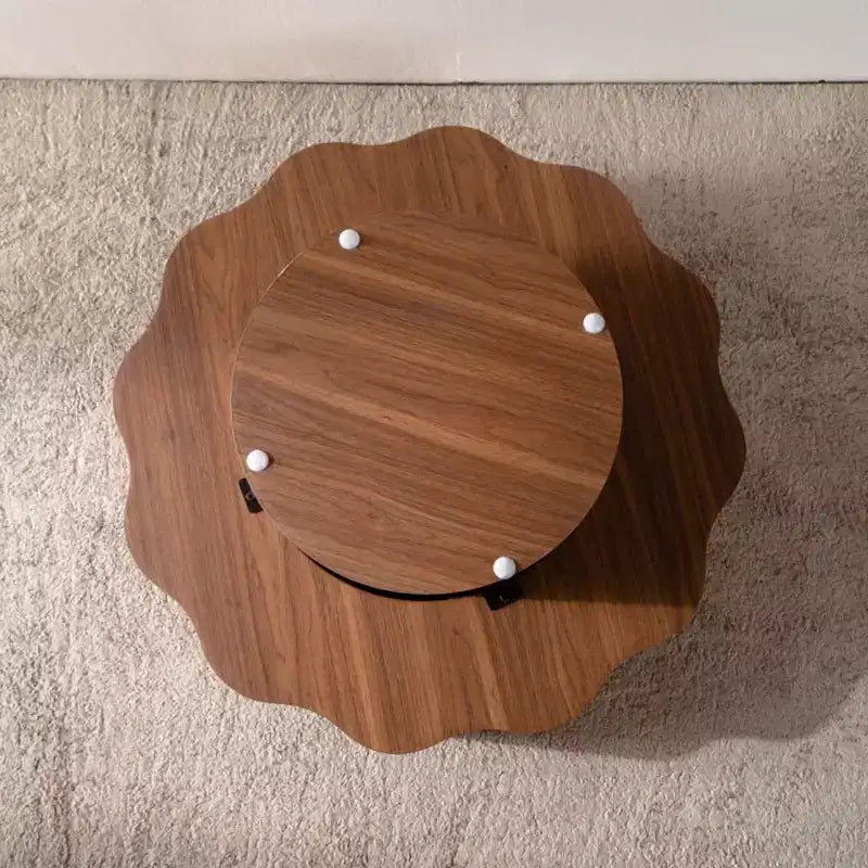 Table basse 80 cm, bords festonnés, table basse en placage bois de noyer d'ingénierie, table basse ronde irrégulière moderne pour salon/chambre