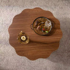 Table basse 80 cm, bords festonnés, table basse en placage bois de noyer d'ingénierie, table basse ronde irrégulière moderne pour salon/chambre
