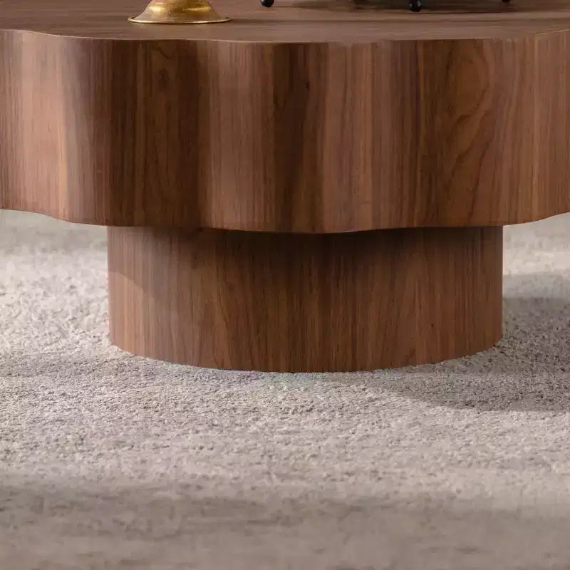 Table basse 80 cm, bords festonnés, table basse en placage bois de noyer d'ingénierie, table basse ronde irrégulière moderne pour salon/chambre