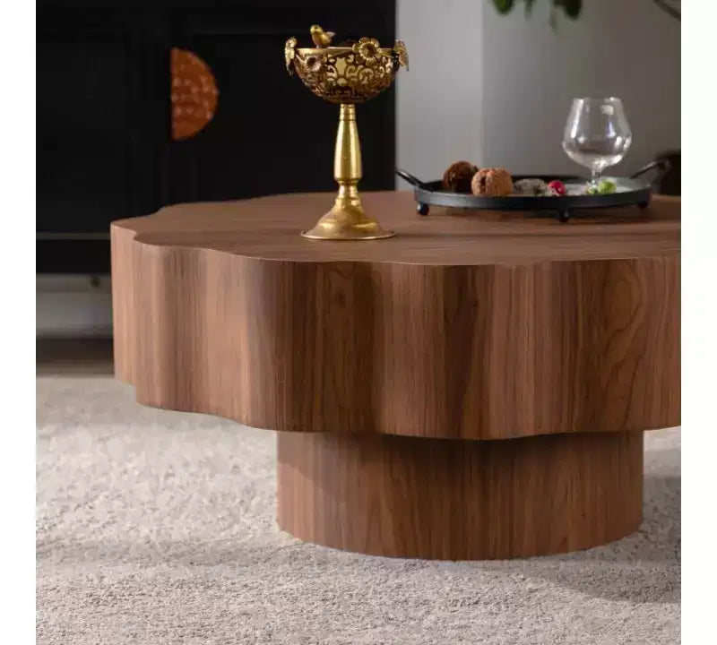 Table basse 80 cm, bords festonnés, table basse en placage bois de noyer d'ingénierie, table basse ronde irrégulière moderne pour salon/chambre