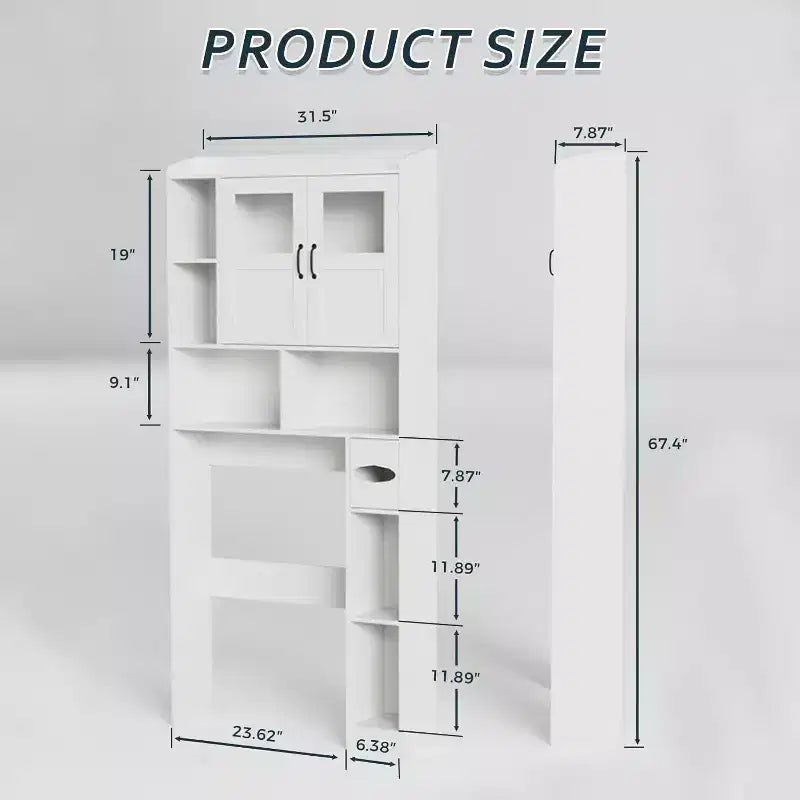 Meuble de rangement au-dessus des toilettes, organisateur de rangement de salle de bain réglable avec porte en verre au-dessus des toilettes, avec porte-papier toilette, pour salle de bain, toilettes, blanc